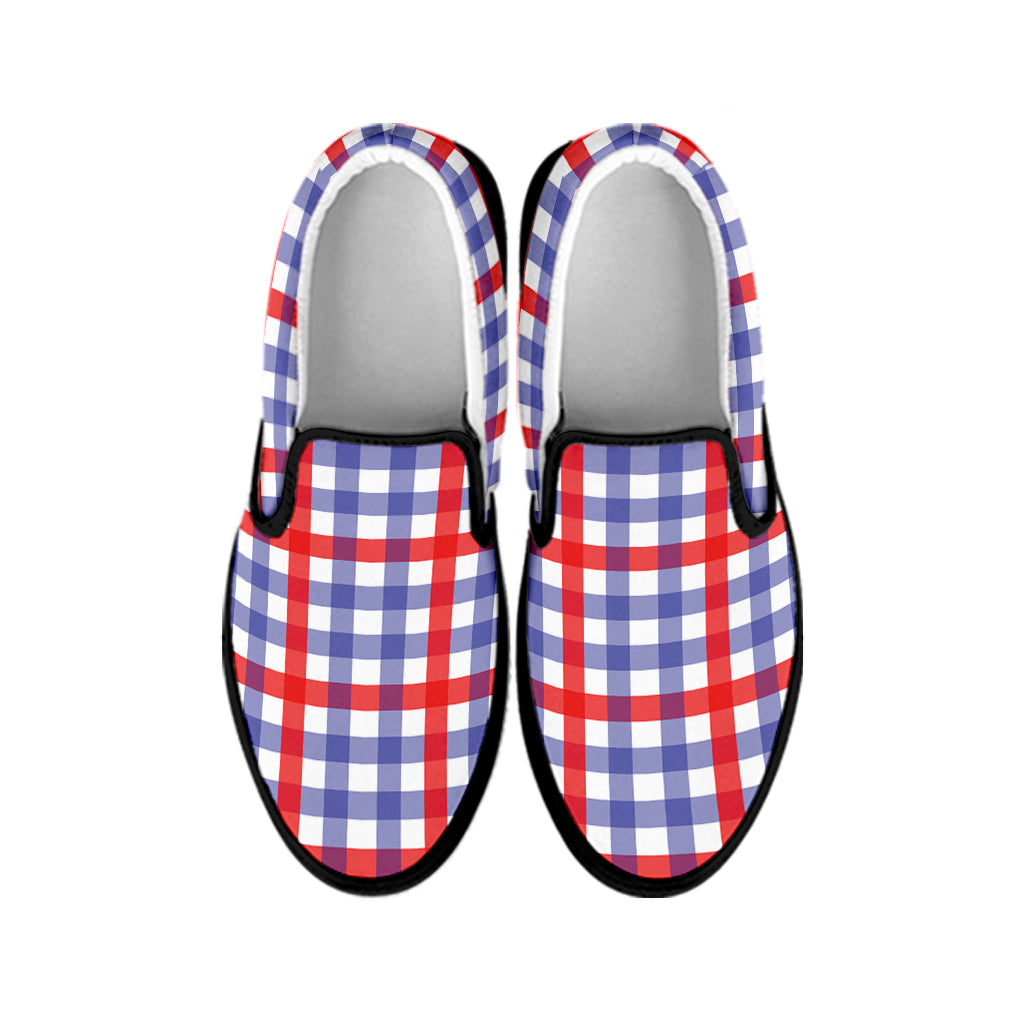 Blue Red And White Check Pattern Print Black Slip On Shoes