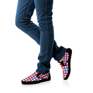 Blue Red And White Check Pattern Print Black Slip On Shoes