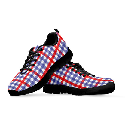 Blue Red And White Check Pattern Print Black Sneakers