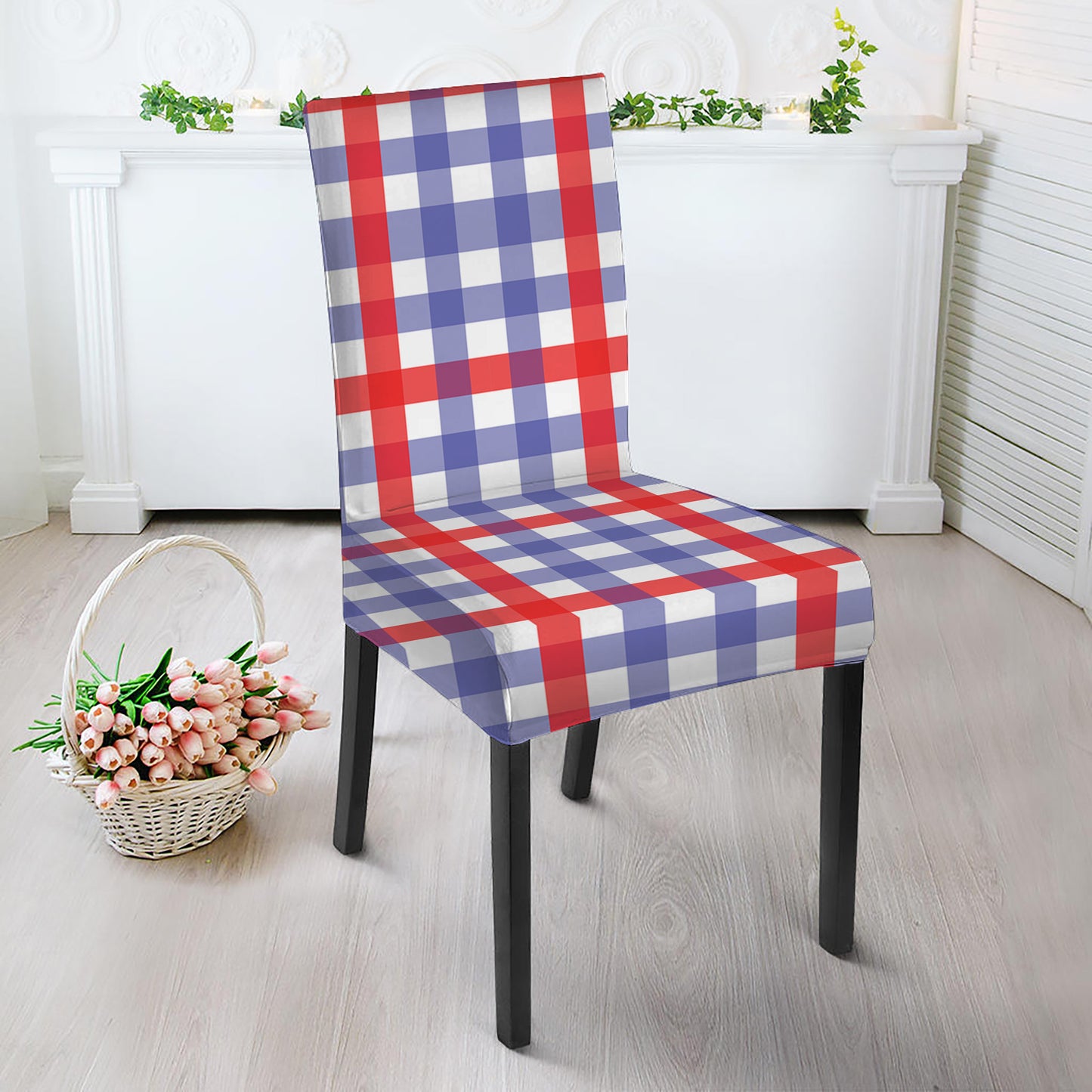 Blue Red And White Check Pattern Print Dining Chair Slipcover