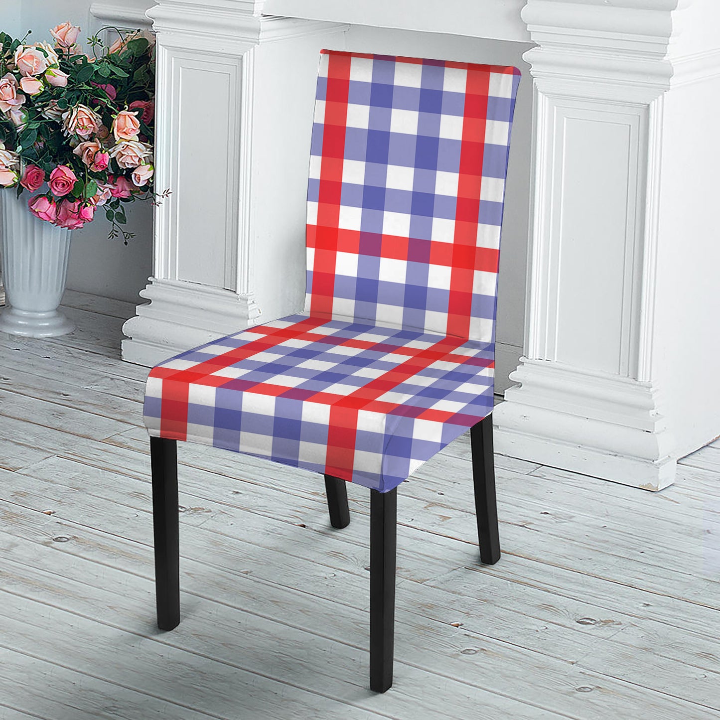 Blue Red And White Check Pattern Print Dining Chair Slipcover