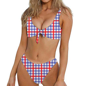 Blue Red And White Check Pattern Print Front Bow Tie Bikini