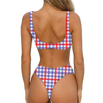 Blue Red And White Check Pattern Print Front Bow Tie Bikini