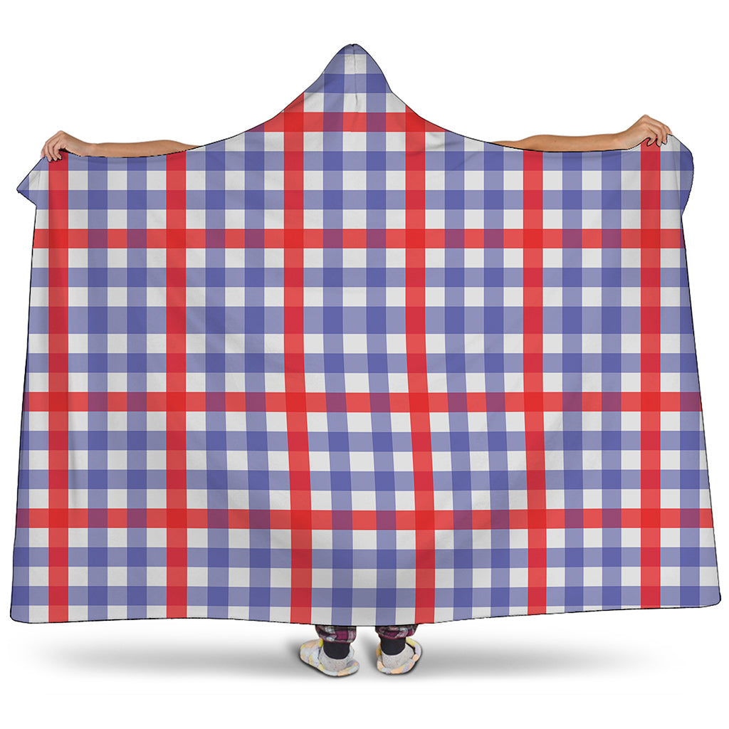 Blue Red And White Check Pattern Print Hooded Blanket