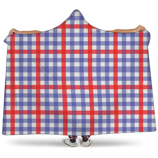 Blue Red And White Check Pattern Print Hooded Blanket