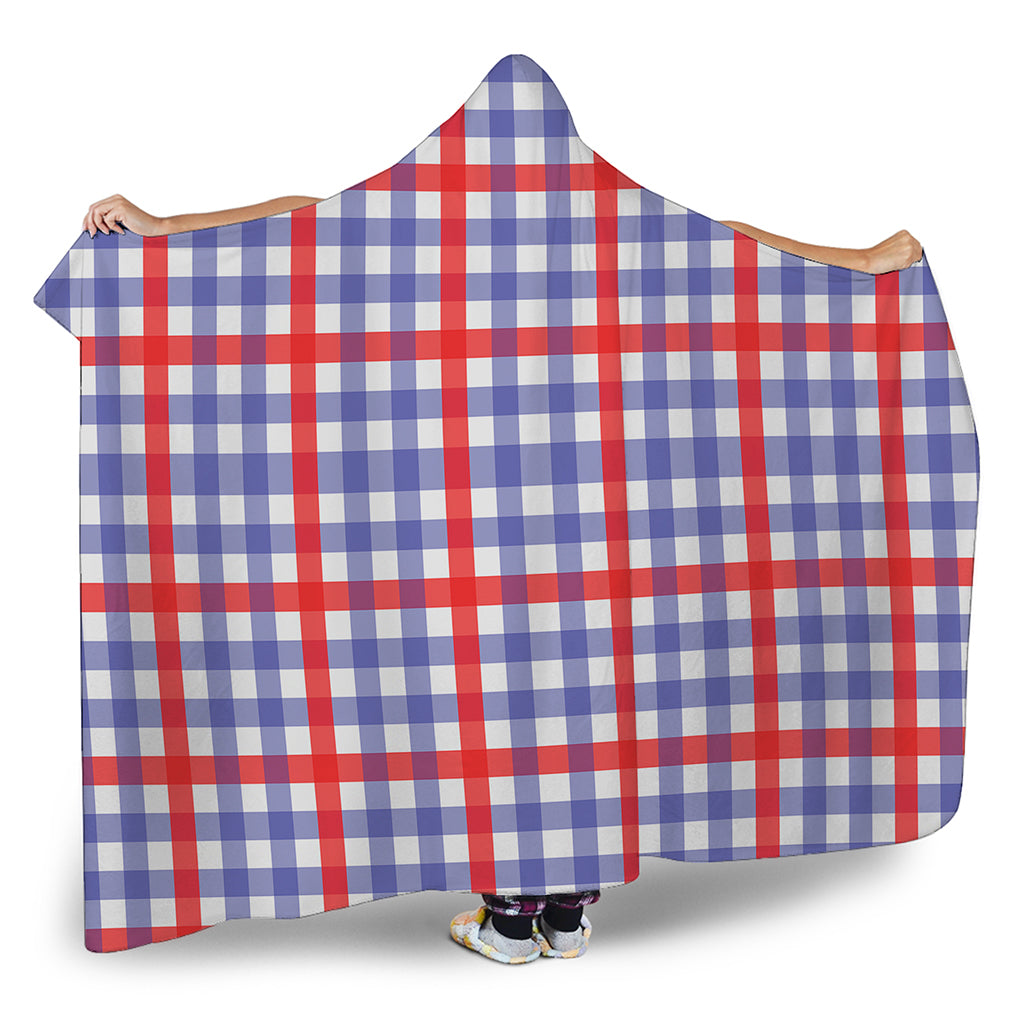Blue Red And White Check Pattern Print Hooded Blanket