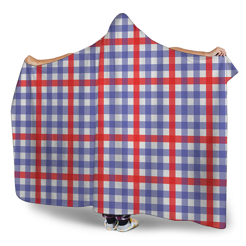 Blue Red And White Check Pattern Print Hooded Blanket