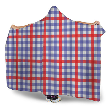 Blue Red And White Check Pattern Print Hooded Blanket