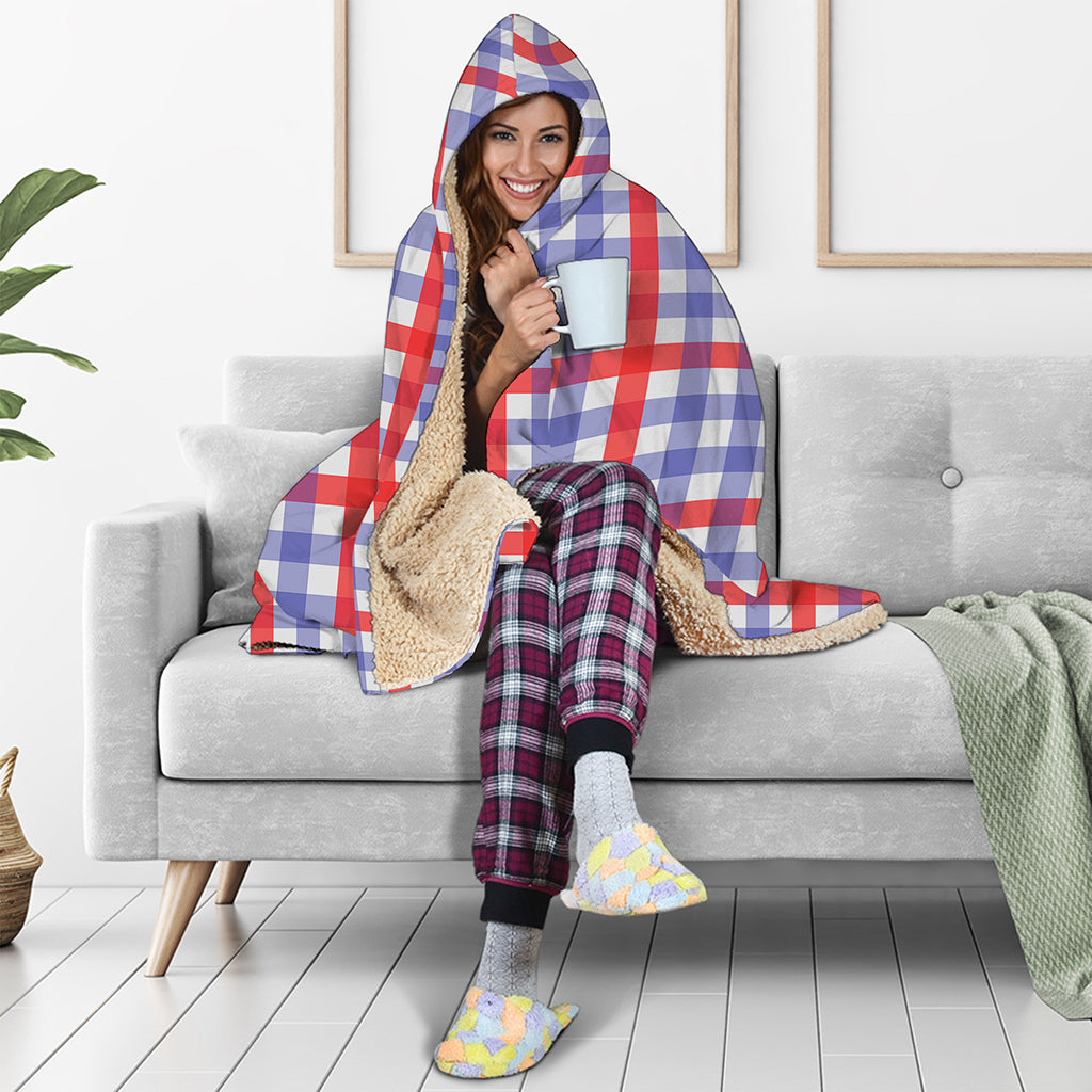 Blue Red And White Check Pattern Print Hooded Blanket