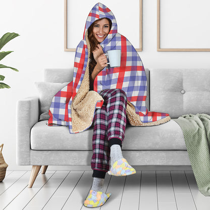 Blue Red And White Check Pattern Print Hooded Blanket