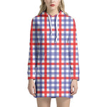 Blue Red And White Check Pattern Print Hoodie Dress