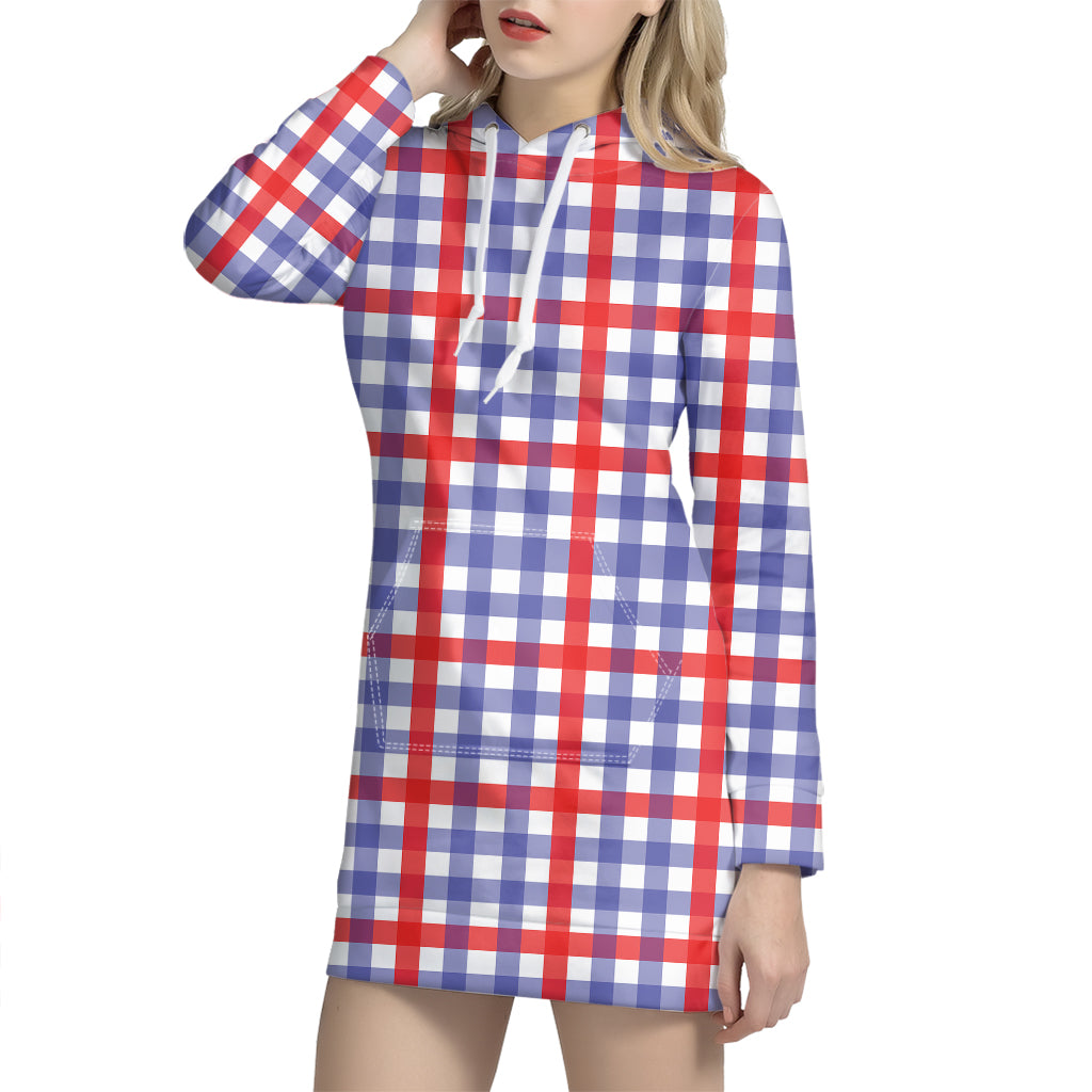 Blue Red And White Check Pattern Print Hoodie Dress