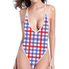 Blue Red And White Check Pattern Print One Piece High Cut Swimsuit