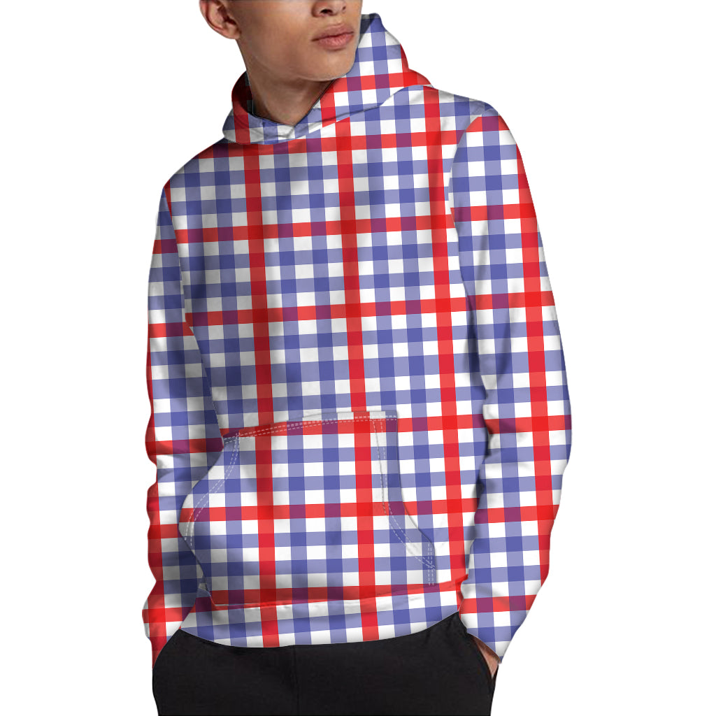 Blue Red And White Check Pattern Print Pullover Hoodie