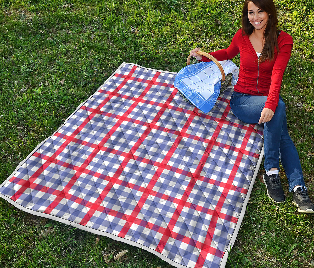 Blue Red And White Check Pattern Print Quilt