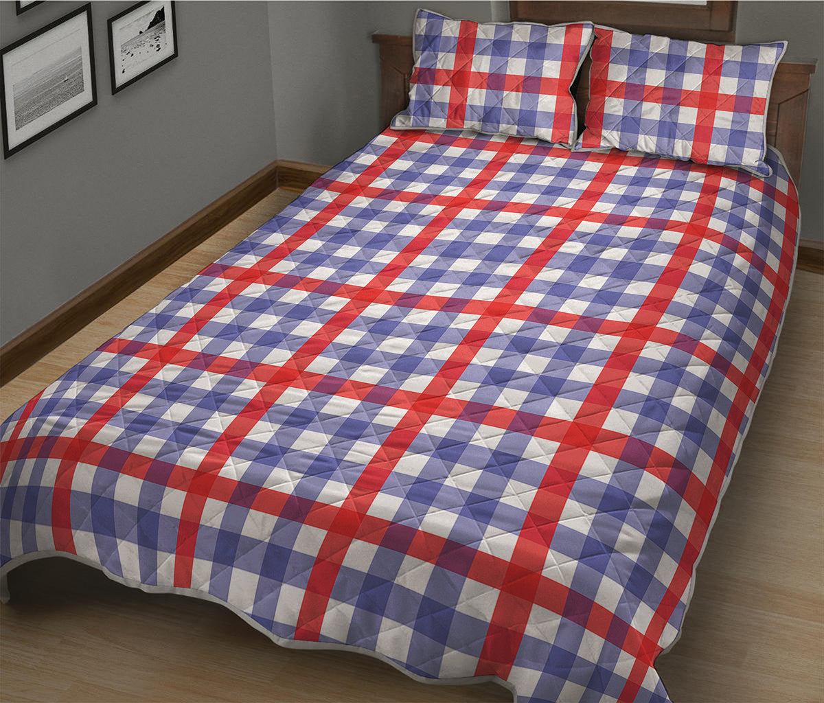 Blue Red And White Check Pattern Print Quilt Bed Set
