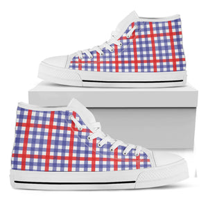 Blue Red And White Check Pattern Print White High Top Shoes