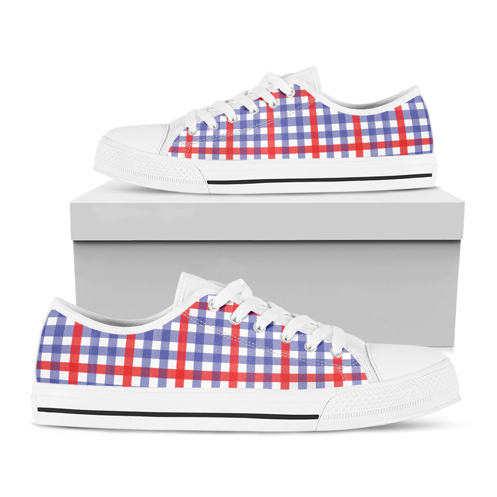 Blue Red And White Check Pattern Print White Low Top Shoes