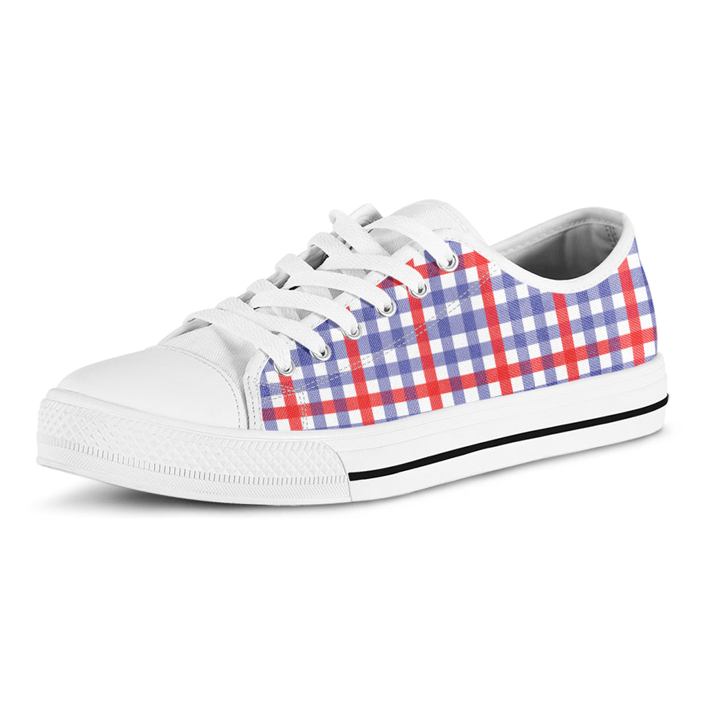 Blue Red And White Check Pattern Print White Low Top Shoes