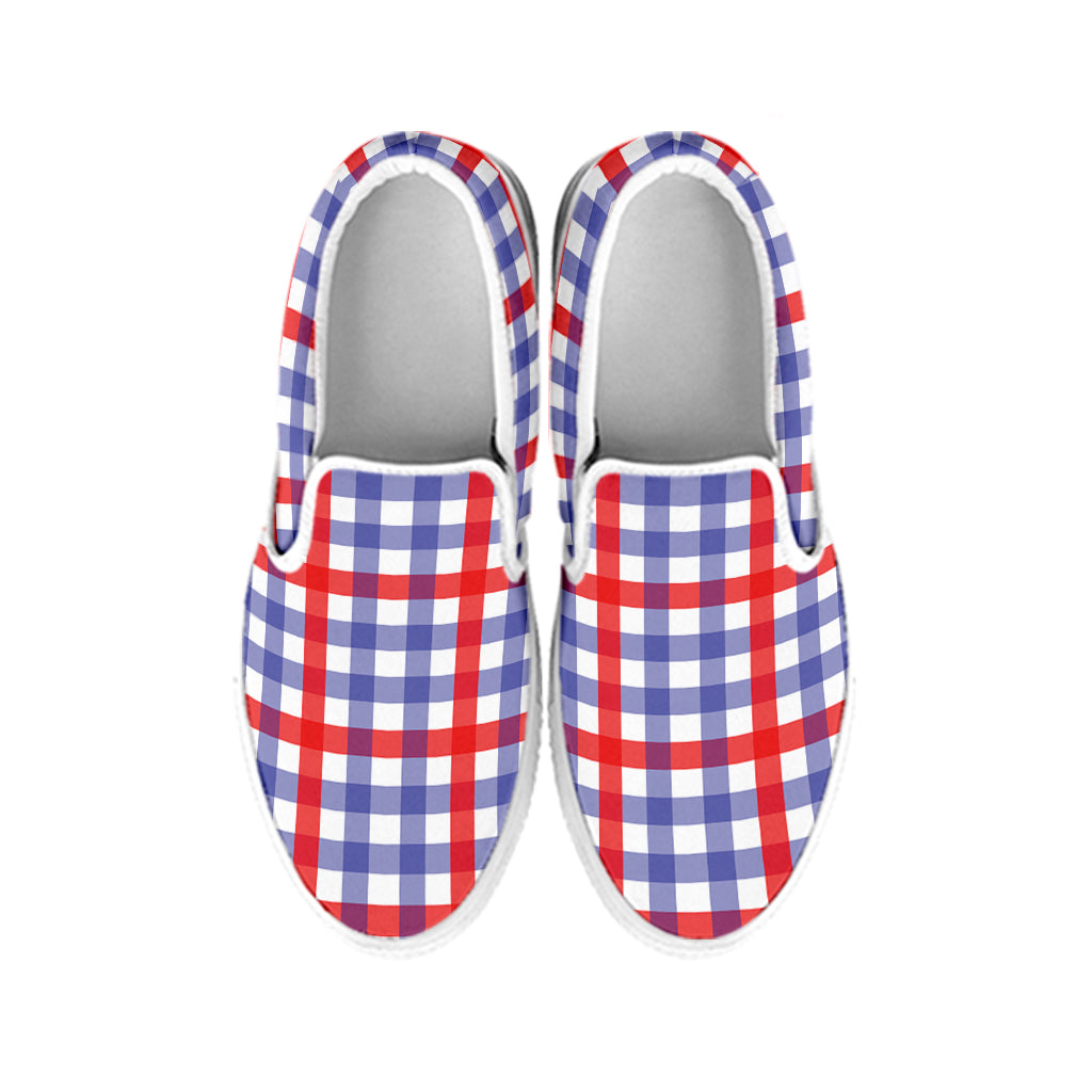 Blue Red And White Check Pattern Print White Slip On Shoes