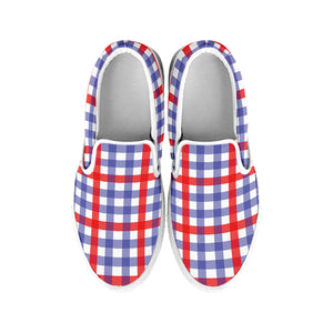 Blue Red And White Check Pattern Print White Slip On Shoes