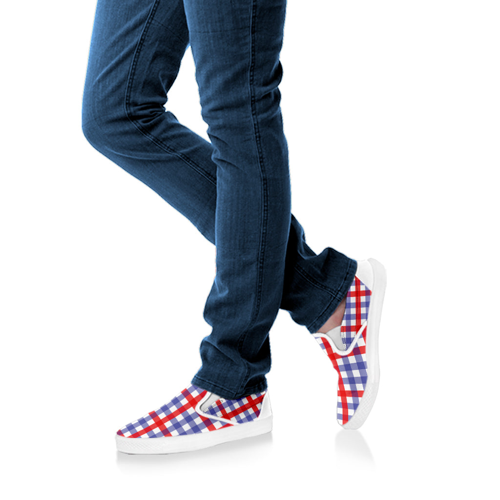 Blue Red And White Check Pattern Print White Slip On Shoes