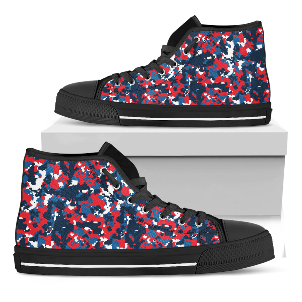 Blue Red And White Digital Camo Print Black High Top Shoes