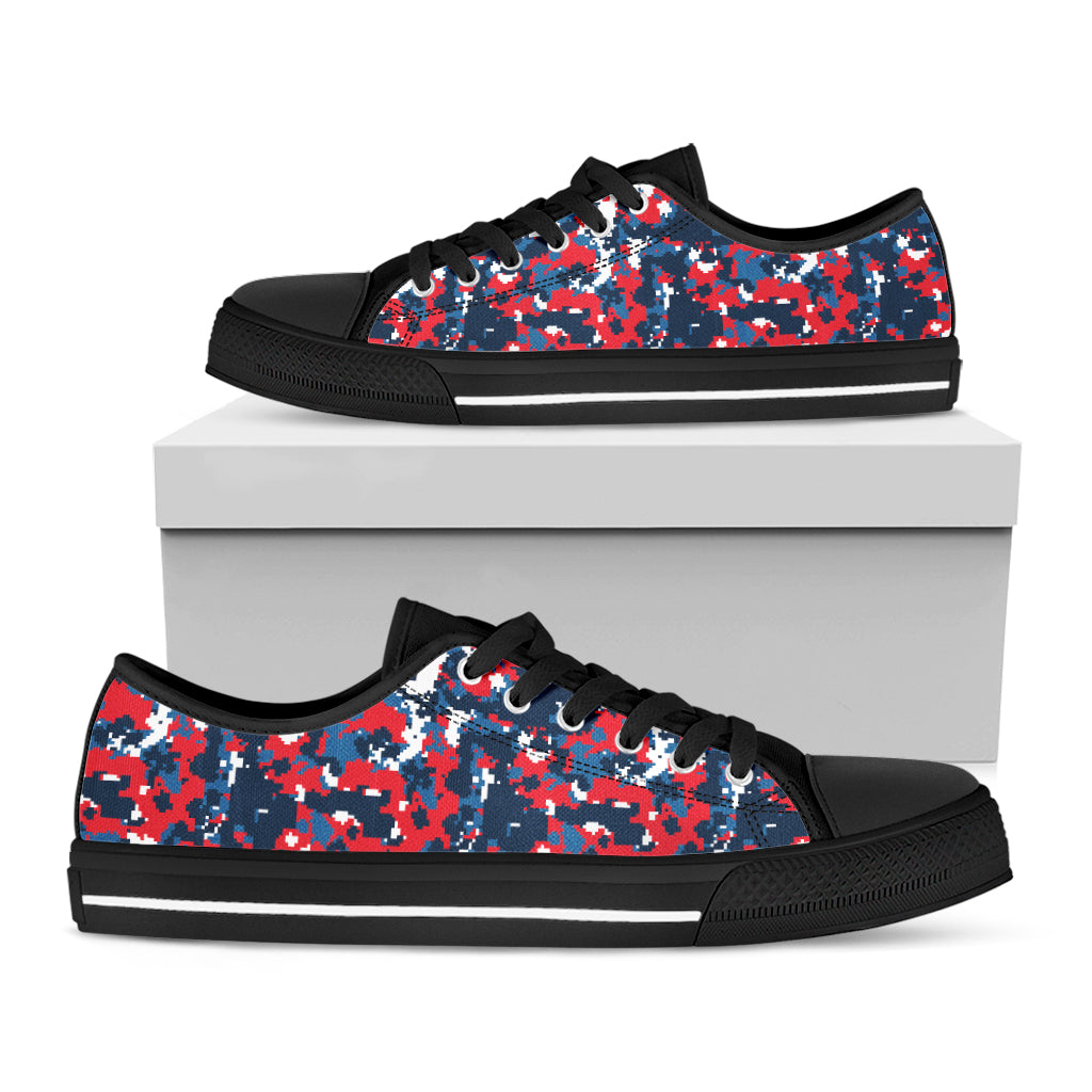 Blue Red And White Digital Camo Print Black Low Top Shoes