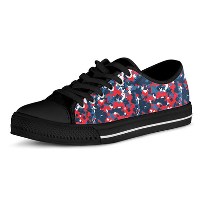 Blue Red And White Digital Camo Print Black Low Top Shoes