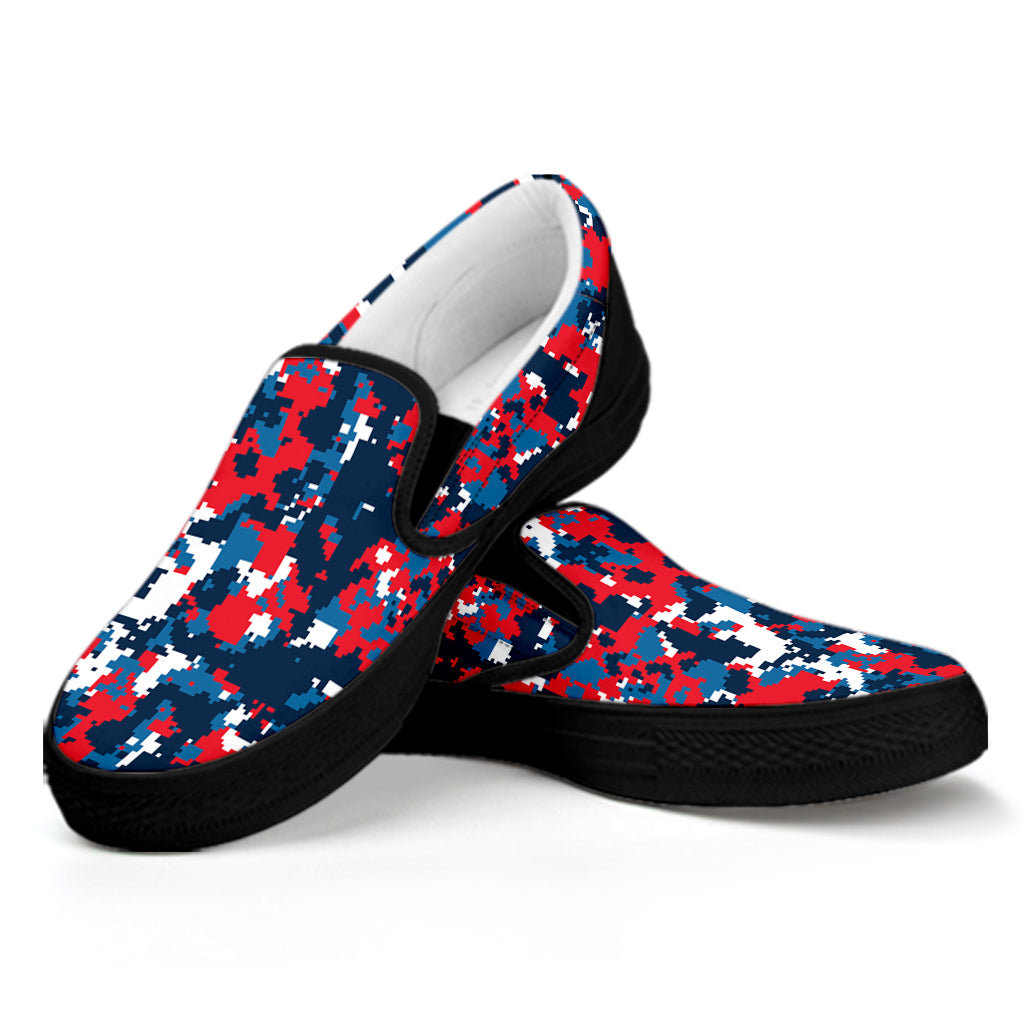 Blue Red And White Digital Camo Print Black Slip On Shoes
