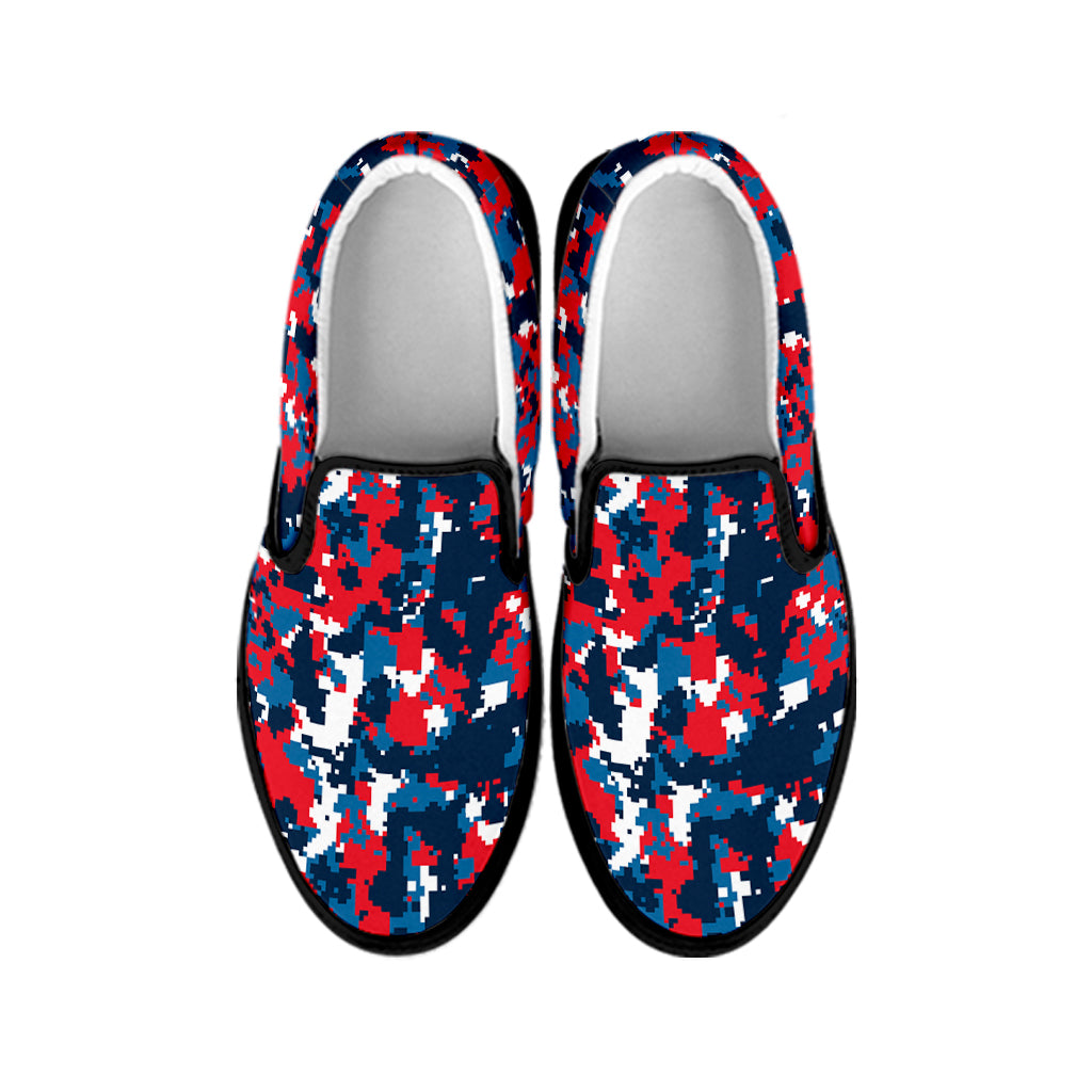 Blue Red And White Digital Camo Print Black Slip On Shoes