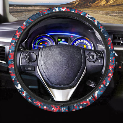 Blue Red And White Digital Camo Print Car Steering Wheel Cover