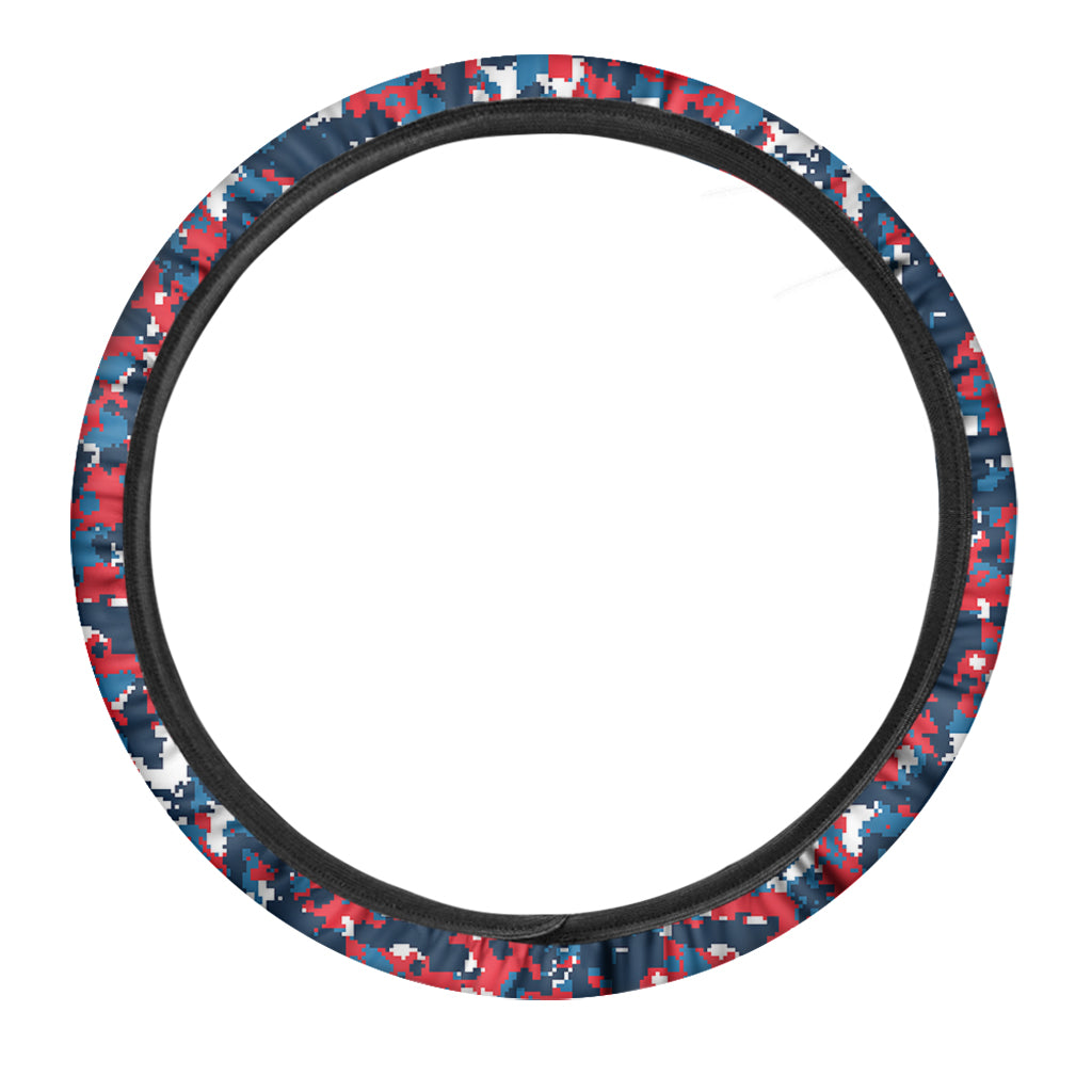 Blue Red And White Digital Camo Print Car Steering Wheel Cover