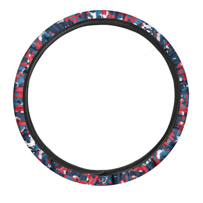 Blue Red And White Digital Camo Print Car Steering Wheel Cover