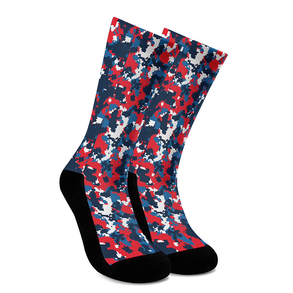 Blue Red And White Digital Camo Print Crew Socks