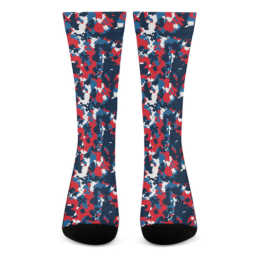 Blue Red And White Digital Camo Print Crew Socks