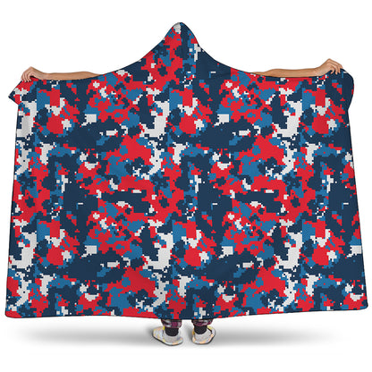 Blue Red And White Digital Camo Print Hooded Blanket