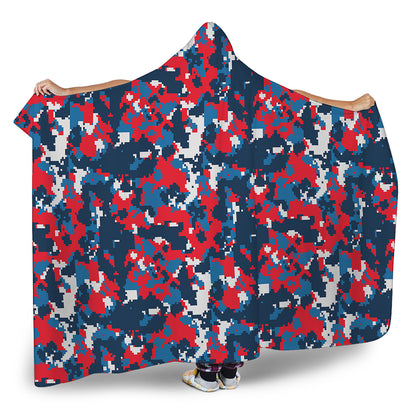 Blue Red And White Digital Camo Print Hooded Blanket