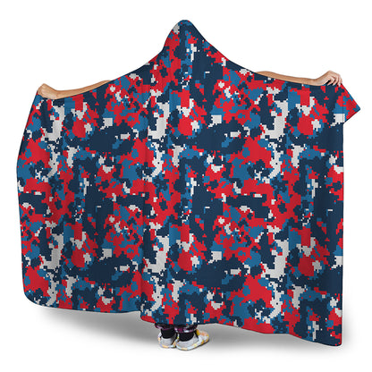 Blue Red And White Digital Camo Print Hooded Blanket