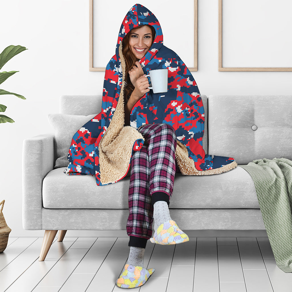 Blue Red And White Digital Camo Print Hooded Blanket