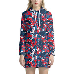 Blue Red And White Digital Camo Print Hoodie Dress