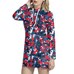 Blue Red And White Digital Camo Print Hoodie Dress
