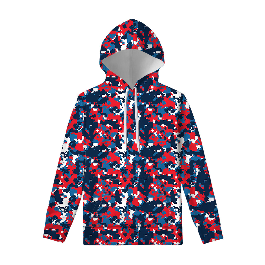 Blue Red And White Digital Camo Print Pullover Hoodie