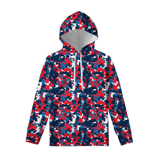 Blue Red And White Digital Camo Print Pullover Hoodie