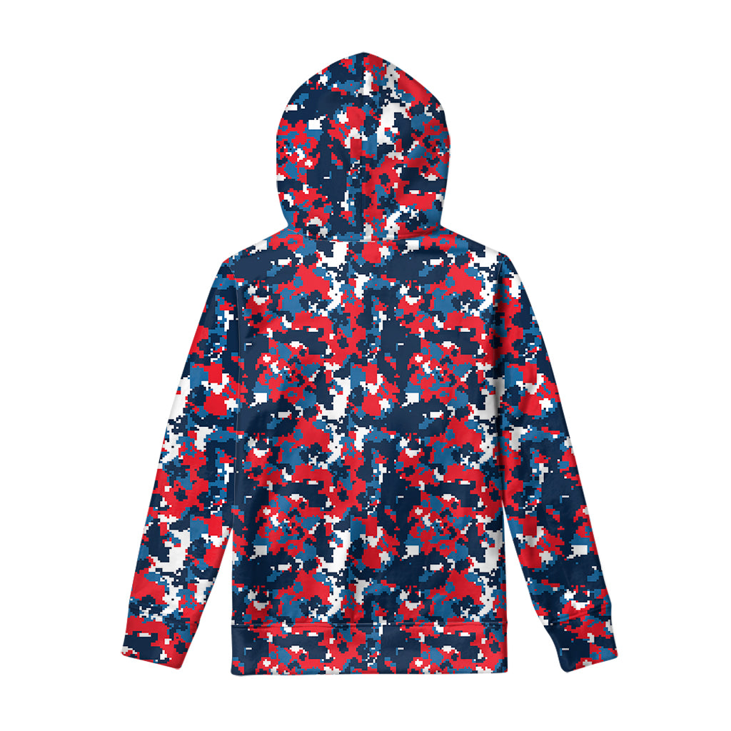 Blue Red And White Digital Camo Print Pullover Hoodie