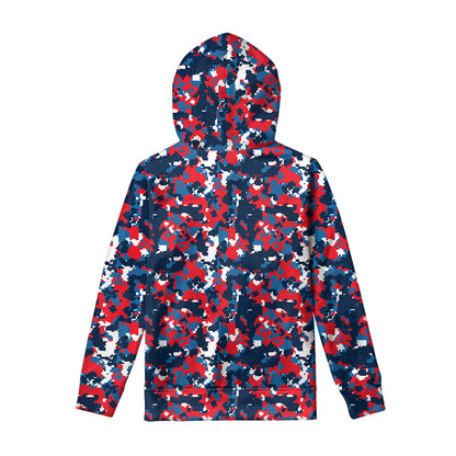 Blue Red And White Digital Camo Print Pullover Hoodie