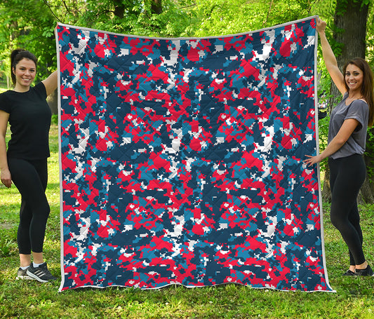 Blue Red And White Digital Camo Print Quilt
