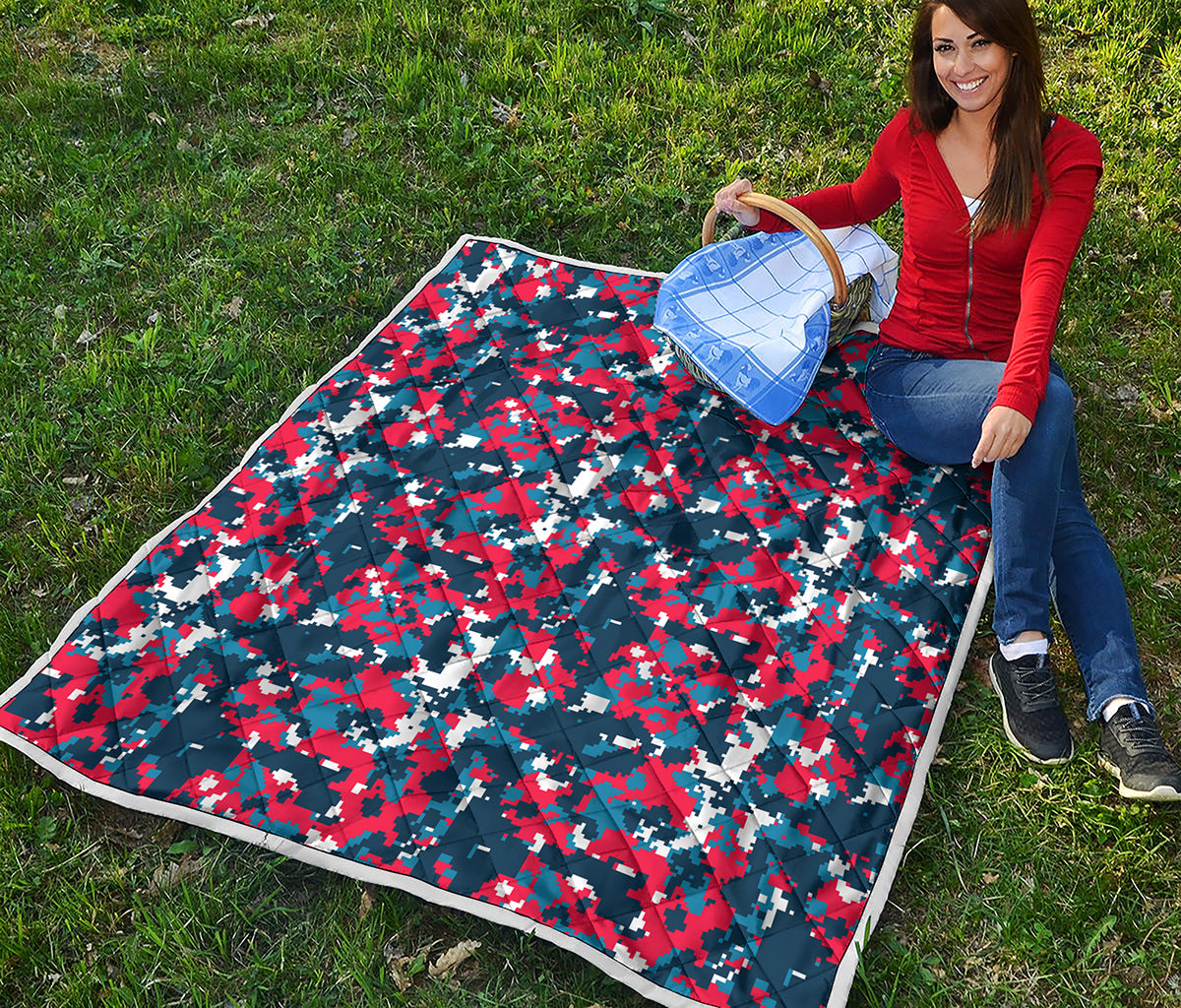 Blue Red And White Digital Camo Print Quilt