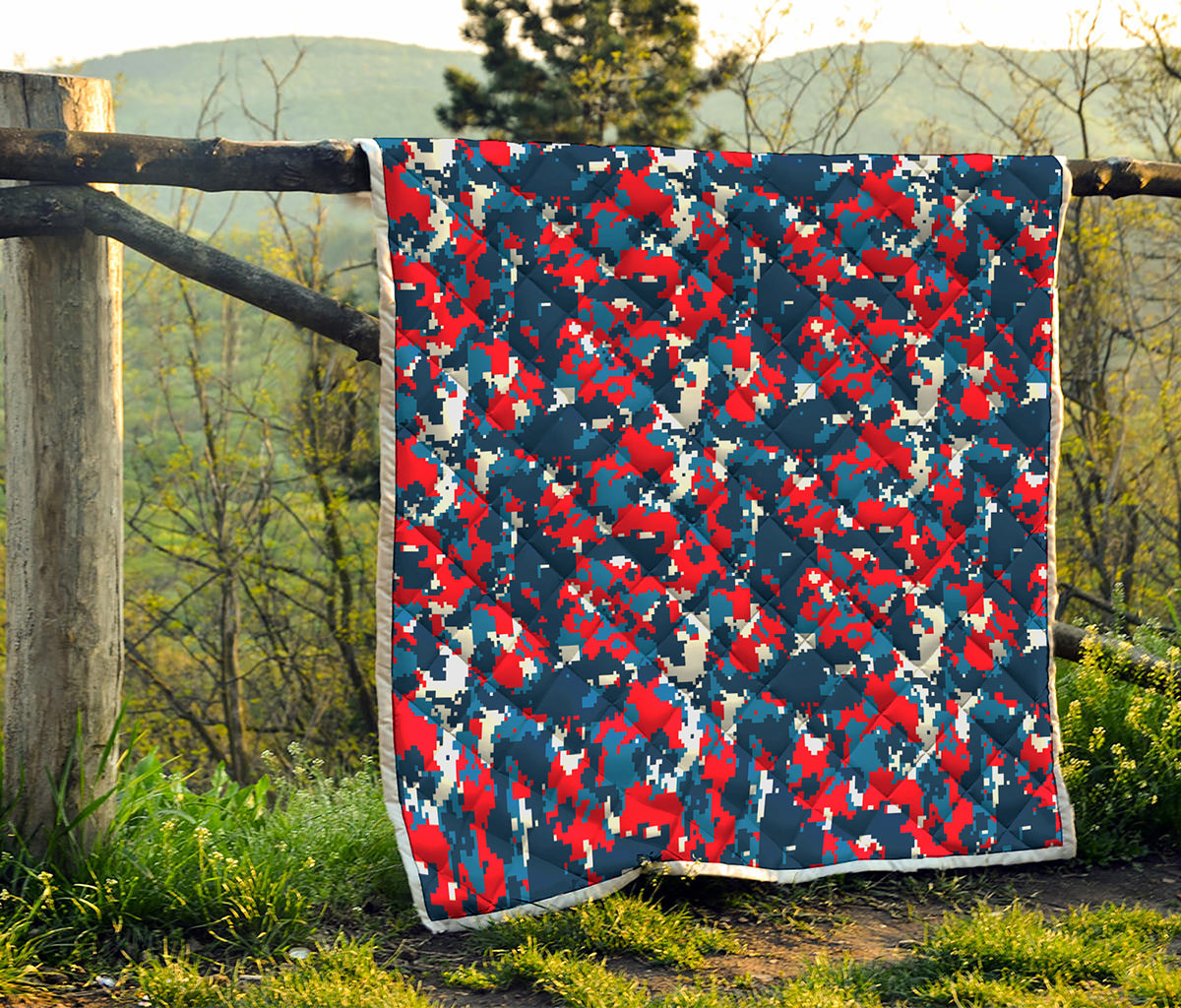 Blue Red And White Digital Camo Print Quilt