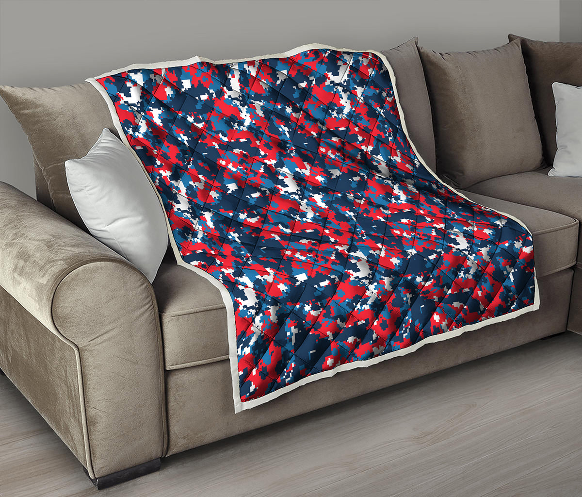Blue Red And White Digital Camo Print Quilt